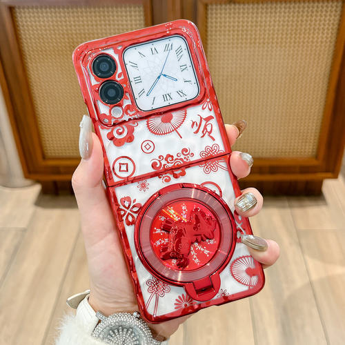 适用华为novaflip手机壳红色花纹新款novaflipS马年支架透明外壳Nova Flip折叠屏电镀硬壳防摔手提链保护套女