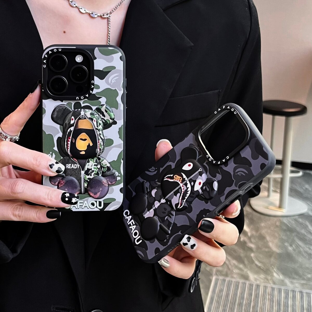 CAFAOU卡通立体3D迷彩时尚熊适用iPhone17promax手机壳苹果16pro保护套13个性潮牌14防摔新款情侣创意软壳