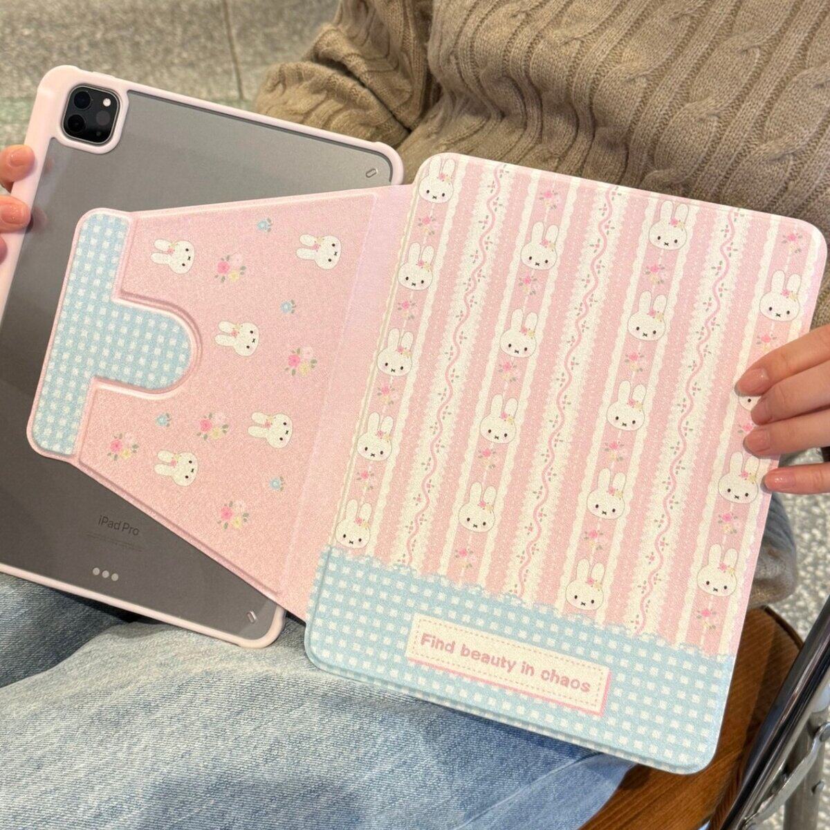 旋转360-粉条纹兔子适用iPad Pro 2021版(11英寸)平板保护套ipad mini6可爱卡通新款iPad 2025版 第10代 (10.