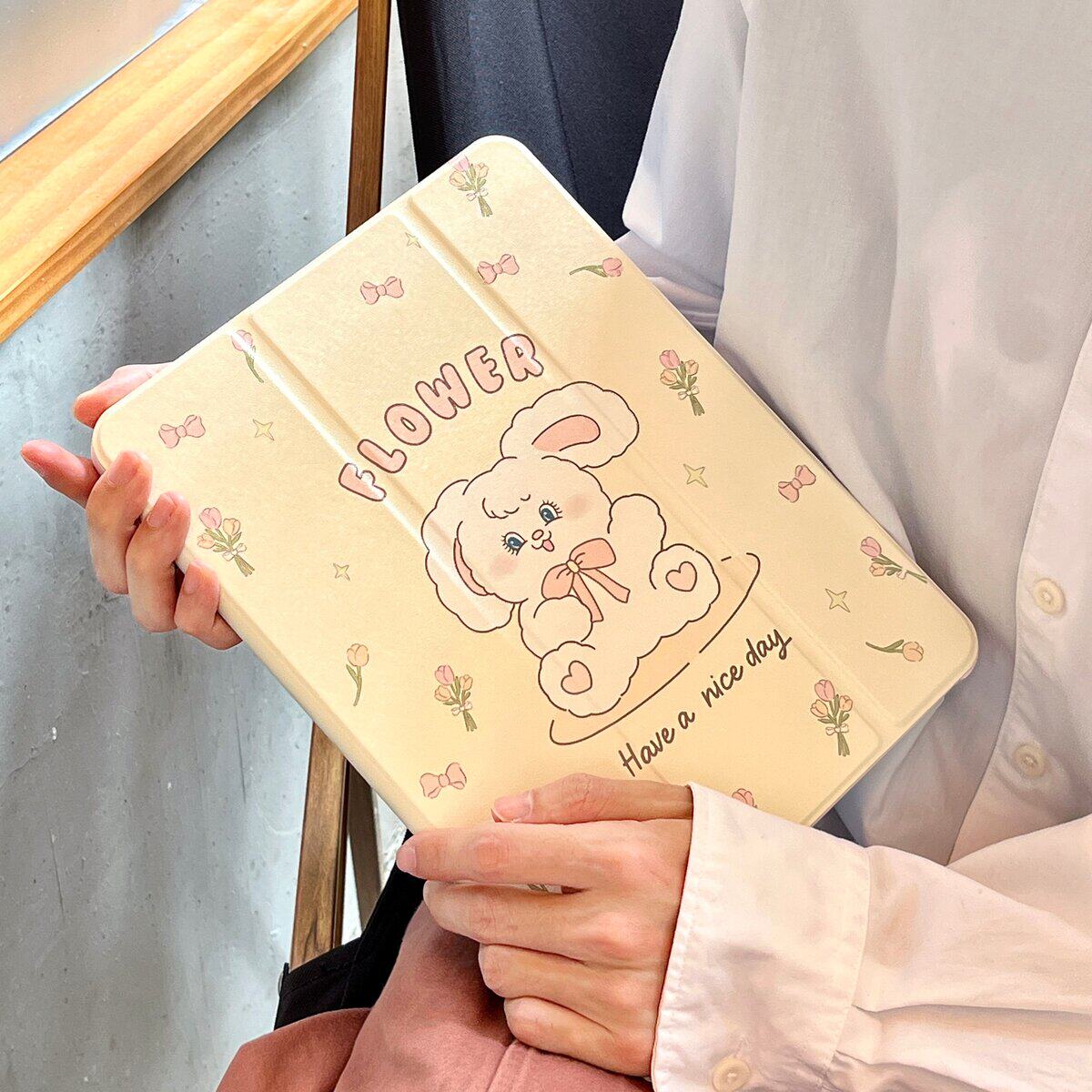 三折-花丛小白兔适用iPad Pro 2021版(11英寸)平板保护套ipad mini6可爱卡通iPad 2025版 第10代 (10.9英寸)