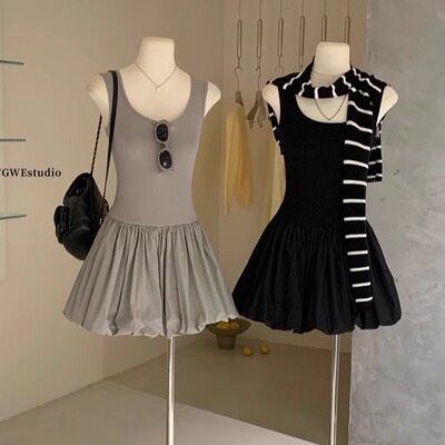 超好看芭蕾少女U领背心连衣裙女