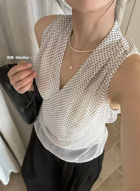 Miss Rao欣尧AOT十三行夏季轻复古设计感港风波点无袖衬衫女62736