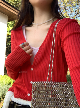 MZI STUDIO韩标春日薄款修身显瘦简约气质单排扣针织开衫女119385