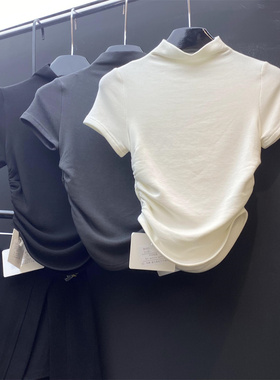 Baby Studio加厚弹力半高领短袖T恤侧边褶皱修身百搭打底衫上衣女