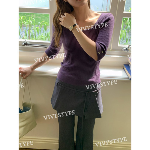 VIVIS TYPE十三行秋季新款设计感前后大U领七分袖上衣毛衣女96103
