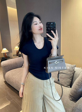 KISS SISTER十三行夏季韩版气质百搭高弹力舒适纯色圆领短袖T恤女