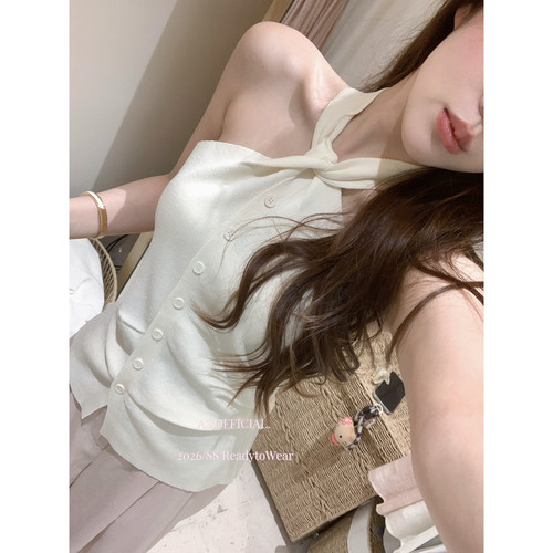 AS OFFICIAL-十三行夏季新款纯欲显瘦扭结设计感挂脖背心女16106