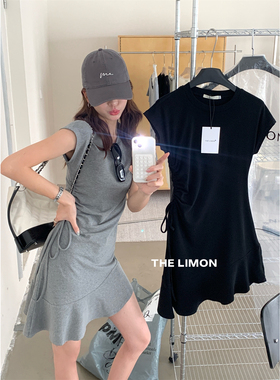 The limon柠檬绿茶夏季新款设计感侧抽绳修身飞飞袖显瘦连衣裙女