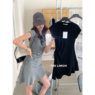 The limon柠檬绿茶夏季新款设计感侧抽绳修身飞飞袖显瘦连衣裙女