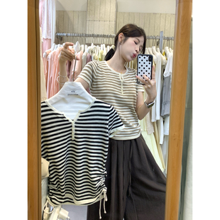 VI+唯一家十三行夏季简约日常v领条纹抽绳短袖针织衫上衣女98131