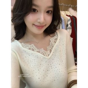 女LC2690 千金年会战袍名媛气质V领蕾丝花边烫钻针织衫 SEE YOU冬季