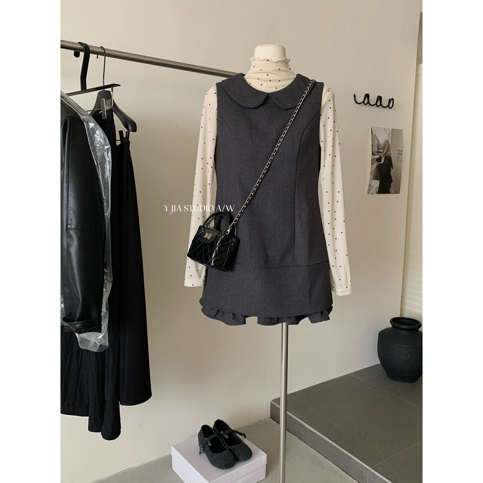 Y.JIA伊嘉计感娃娃领毛呢连衣裙+浪漫波点打底衫秋冬套装女5085-5