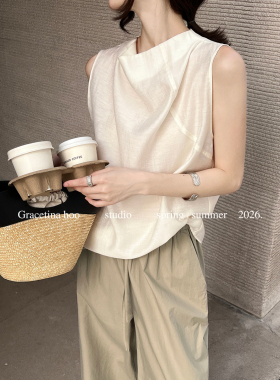 GRACETINA HOO十三行夏季亚麻荡领简约气质通勤无袖小衫女CSA859