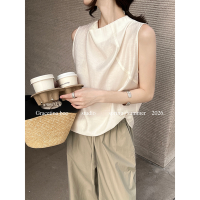 GRACETINA HOO十三行夏季亚麻荡领简约气质通勤无袖小衫女CSA859