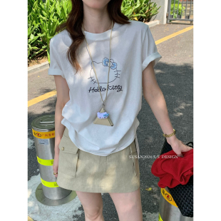 短袖 简约卡通小猫韩系刺绣kt博主同款 T恤女配挂饰Si601 夏季 SUSAN