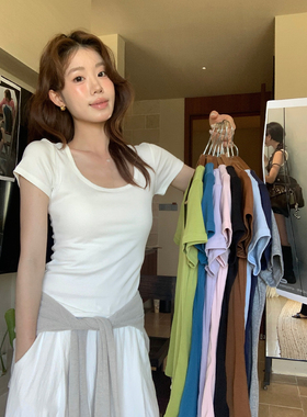 THE LIMON柠檬绿茶春夏季新款简约百搭U领修身显瘦短袖T恤女10178