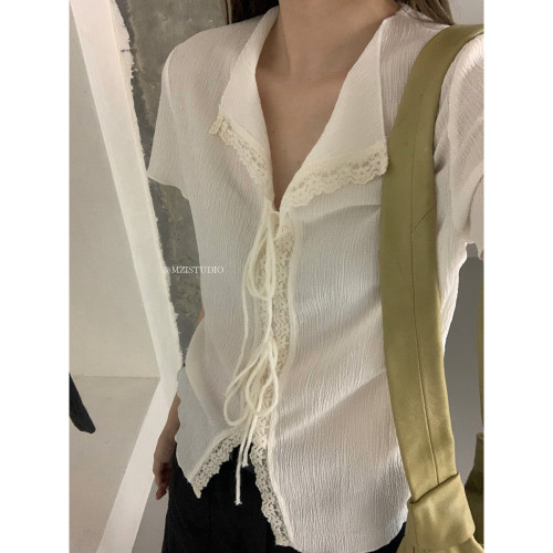 MZI STUDIO十三行夏日花边木耳边系带温柔精致减龄显气质上衣Z301