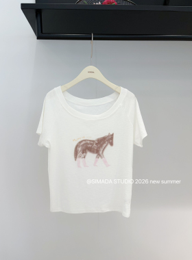 Simida十三行夏松弛慵懒上衣宽松百搭小马印花白色短袖T恤女3214D