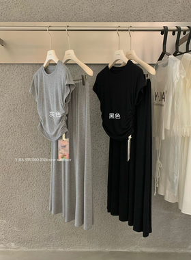 Y.JIA伊嘉十三行夏季舒适慵懒显瘦褶皱上衣+垂感半身裙套装女6805