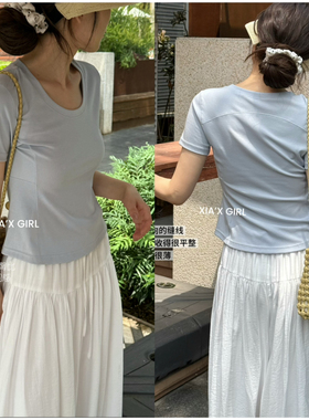 XIA夏夏收腰显瘦纯色气质简约正肩百搭圆领短袖T恤女THST88574-1