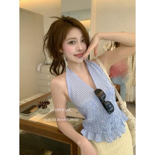 AS OFFICIAL十三行夏季纯欲显瘦挂脖V领格子系带背心小衫女28387