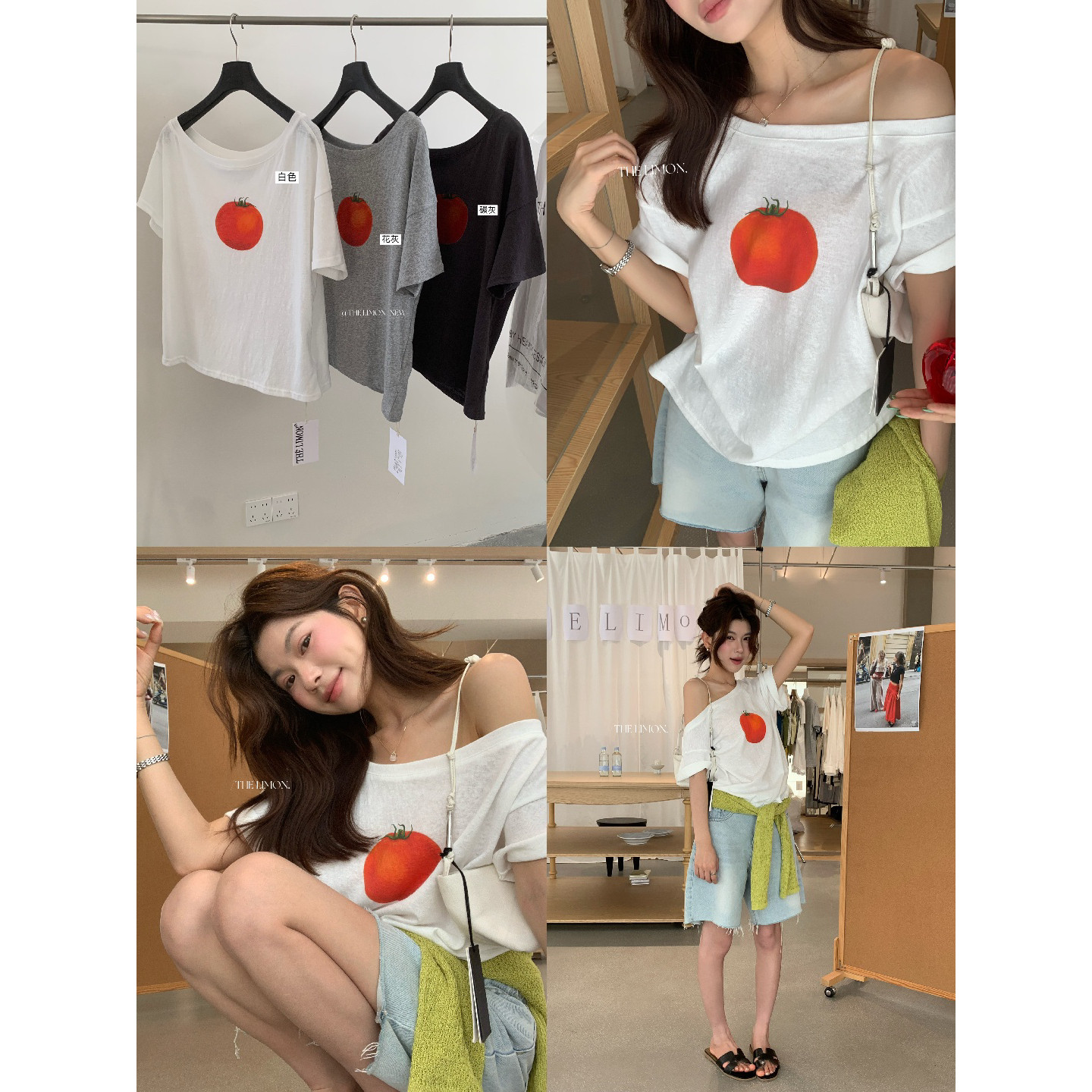 THE LIMON柠檬绿茶不规则斜肩设计感西红柿印花短袖T恤女夏10351