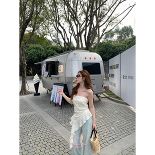 AS十三行春夏新款 女 波嘻风气质显瘦不规则荷叶边飘带抹胸背心小衫