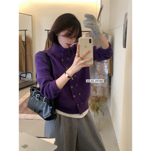 YJIA伊嘉简约纯色立领双排口宽松显瘦针织开衫保暖毛衣女1172-555