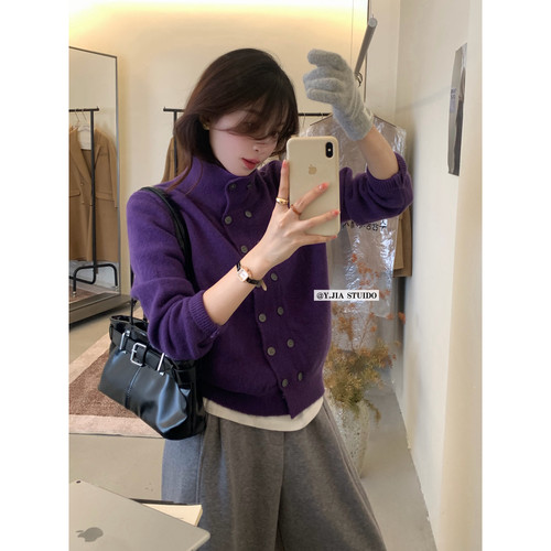 YJIA伊嘉简约纯色立领双排口宽松显瘦针织开衫保暖毛衣女1172-555