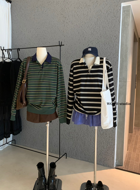 WGWE秋冬季美式学院风减龄polo领拼接条纹百搭宽松长袖T恤女W7683