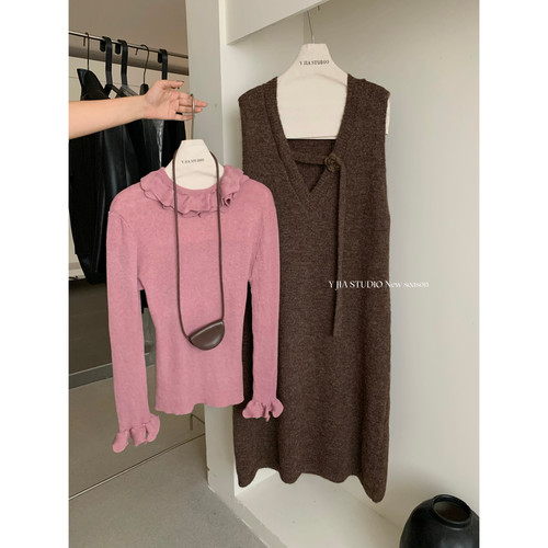 针织衫宽松V领a字连衣裙套装女