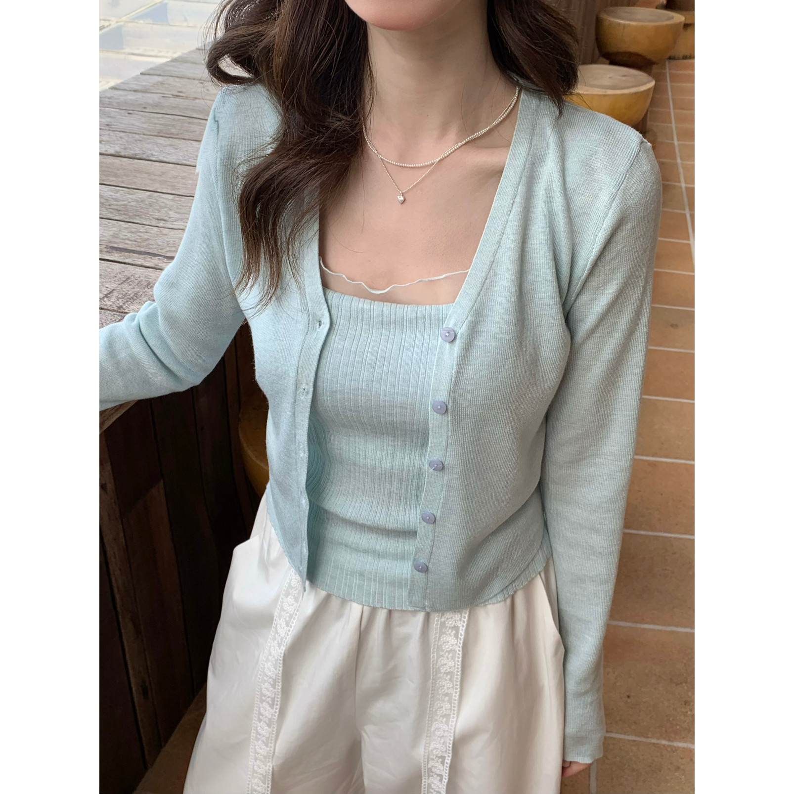 SUSAN夏季宽松针织开衫+叠穿拼接蕾丝花边吊带背心两件套女2935S