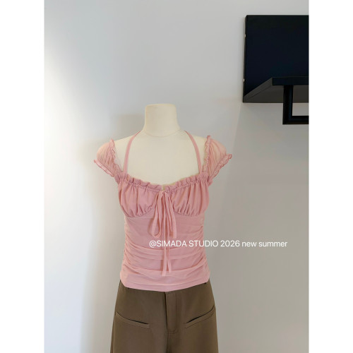 Simida十三行夏季多巴胺纯欲网纱方领绑带泡泡袖法式上衣女M3260D