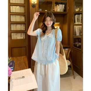 SUSAN十三行夏季新款韩系宽松减龄设计绑带娃娃衫法式小衫女T007H