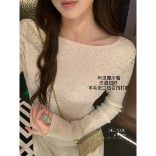 SEE 女726 YOU十三行秋冬精致羊毛满天星烫钻一字领气质打底针织衫