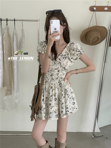 THELEMON法式碎花V领连衣裙女