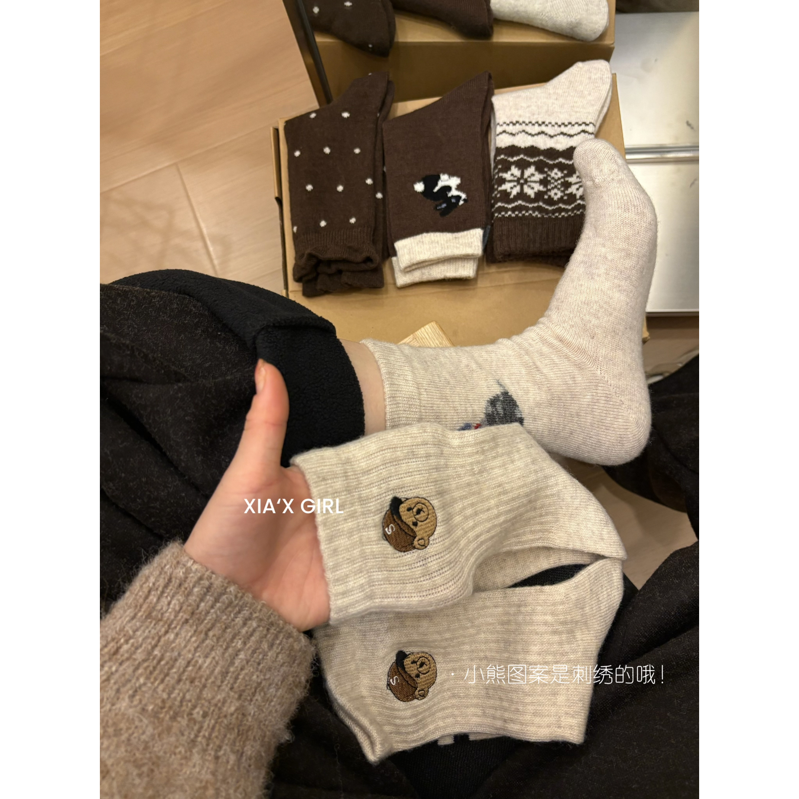 XIA夏夏五双装中筒袜秋冬款加厚卡通保暖日系复古刺绣袜子女3765