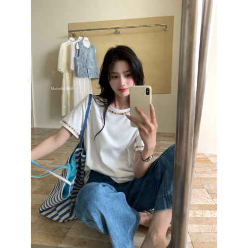 重工艺拼串珠短袖T恤宽松上衣女