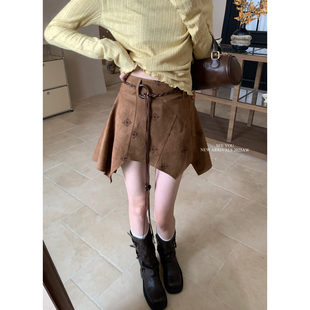 SEE YOU十三行秋冬色系麂皮立体裁剪不规则刺绣半身裙女腰带3128H