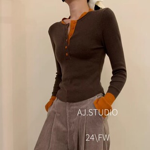 十三行秋冬新款设计感撞色长袖针织衫女修身显瘦半开扣打底衫上衣