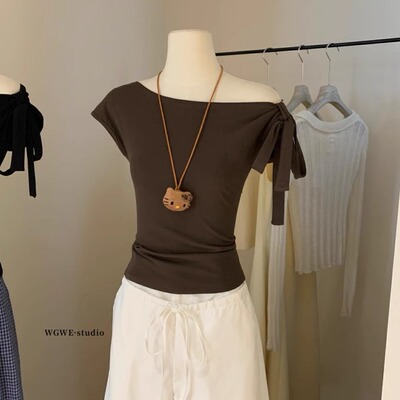 蝴蝶结绑带斜肩短袖T恤显瘦上衣