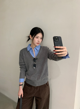 BEFORE SUNSET十三行冬拼接假两件上衣羊毛针织毛衣女G25W-W9364P