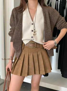 Y.JIA十三行秋季新款显瘦減龄学院风百褶a字半身裙女配腰带652-5