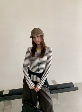 BEFORE SUNSET十三行秋季撞色圆领条纹打底上衣针织衫女G25AW9377