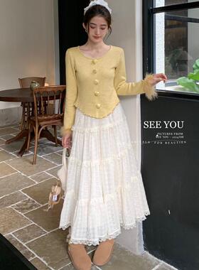 SEE YOU秋冬新款法式减龄立体玫瑰花圆领真毛拼接长袖针织上衣女