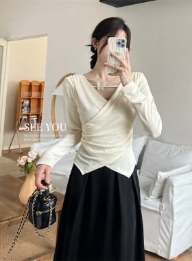 SEE YOU纯欲甜美交叉v领蝴蝶结小衫女2024春季收腰显瘦休闲上衣