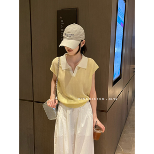KISS SISTER夏季减龄Polo翻领撞色正肩冰丝上衣百搭针织衫女A6018