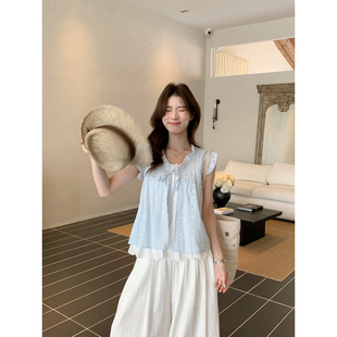 SUSAN十三行欧尼夏季减龄重工镂空刺绣温柔假两件法式小衫女GL195