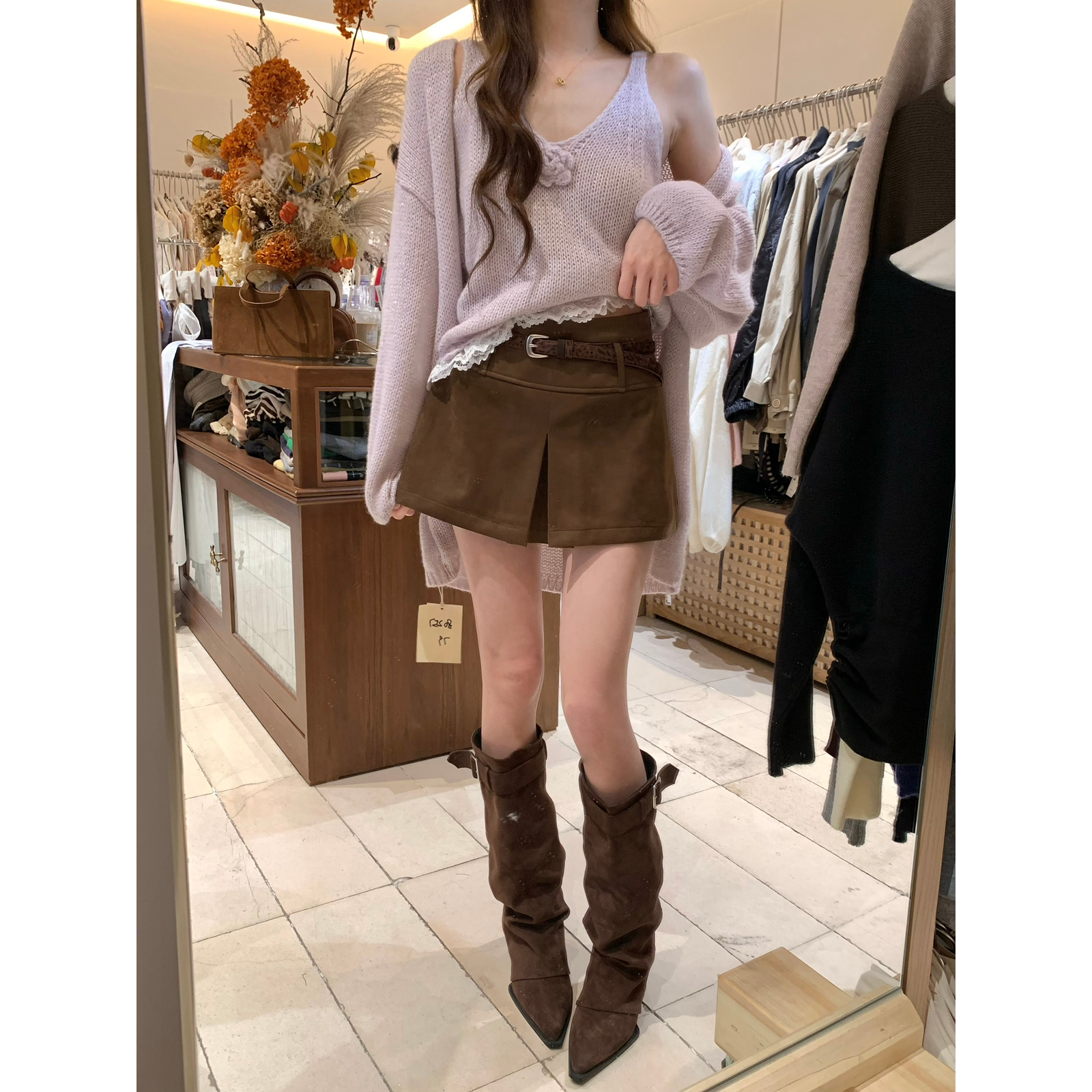 麂皮开衩A字裤裙半身裙女配腰带