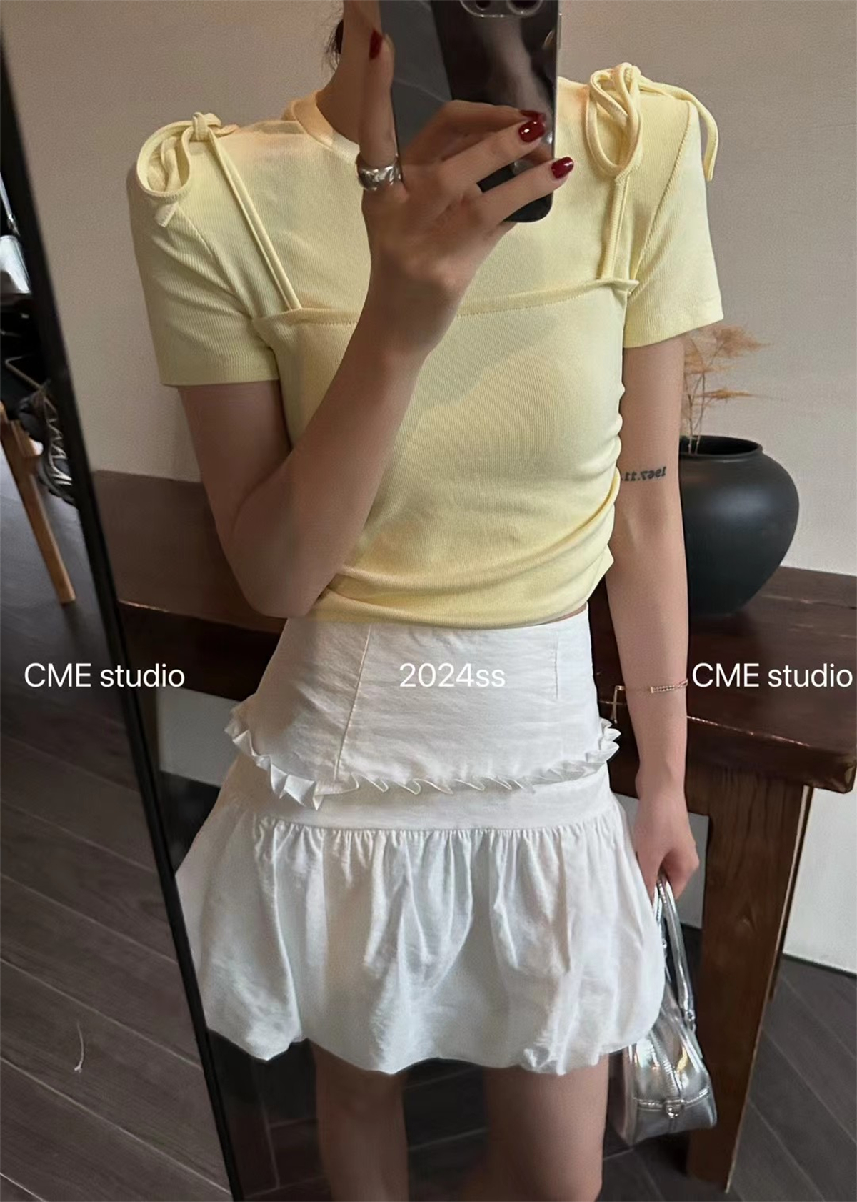 CME Studio假两件拼接系带短袖T恤女短款修身显瘦纯色百搭上衣